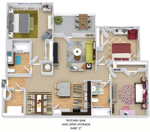 Floor plan for 3 beds, 2 baths, 1372 sqft